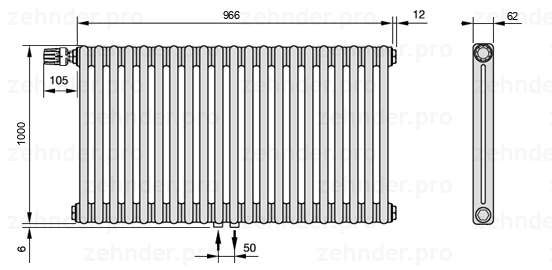 Схема (чертеж) Радиатор Zehnder Charleston 2100/21 №V007 Белый глянцевый RAL 9016